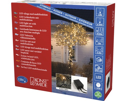 Konstsmide Logo. LED Lichterkette mit Multifunktion zur Außenanwendung mit 120 Leuchten