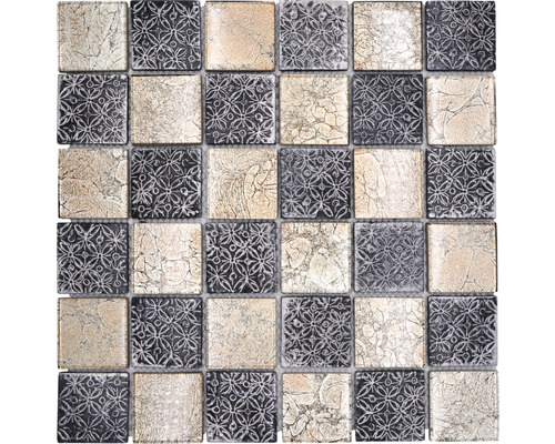 Glasmosaik mit Naturstein Crystal XCM 8OP4 30,0x30,0 cm grau beige Mosaikfliese mit quadratischen Elementen und Muster