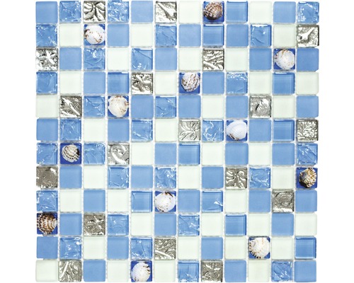 Glasmosaik Crystal Quadrat XCM 8OP8 30,0x30,0 cm Muschel blau Mosaikfliese mit Glas, Muscheln und Dekor