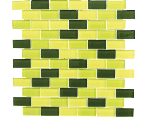 Glasmosaik Crystal Brick XCM B854 32,2x31,0 cm grün Mosaikfliese mit rechteckigen, grünen und gelben Glassteinen