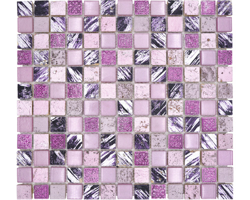 Glasmosaik mit Naturstein XCM CB 35 30,0x32,5 cm lila pink Quadratische Mosaikfliese in verschiedenen Ausführungen.
