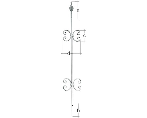 Geländerpfosten aus Metall mit Abmessungsangaben