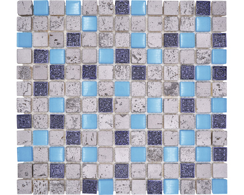 Glasmosaik mit Naturstein XCM CB65 30,0x32,5 cm blau