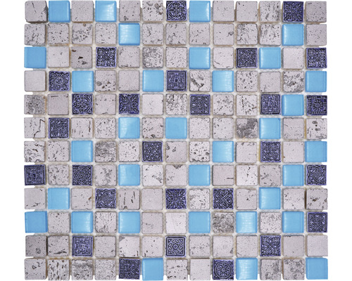 Glasmosaik mit Naturstein XCM CB65 30,0x32,5 cm blau Mosaikfliese mit quadratischen, ornamentalen und gläsernen Elementen.