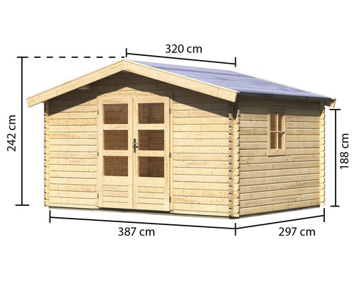 Gartenhaus aus Holz mit den Maßen 387 cm x 297 cm x 242 cm