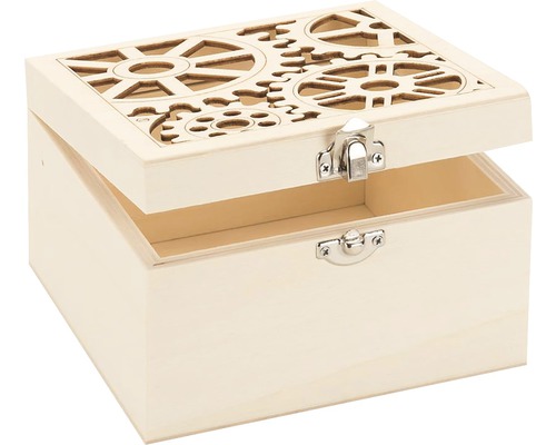 Holzkiste mit Zahnradmuster und Metallverschluss