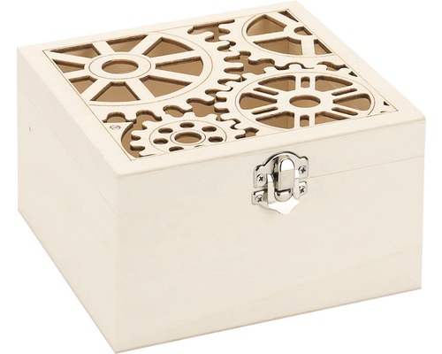 Box mit Verschluss "Räder" Holz 14,8x14,8x9 cm