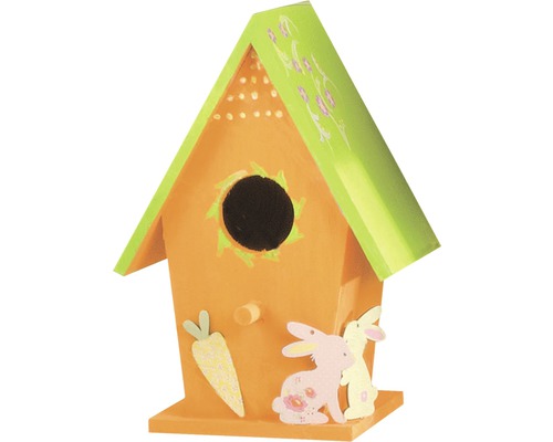 Dekoratives Vogelhaus mit Hasen- und Karottenmotiven