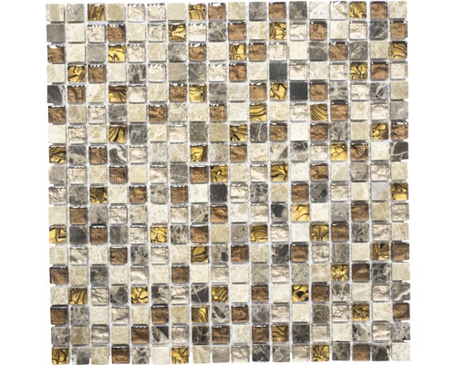 Glasmosaik mit Naturstein XCM M790 30,0x30,0 cm braun beige Mosaikfliese mit quadratischen Elementen aus Stein und Glas