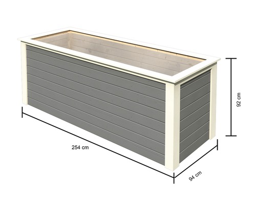 Graue Pflanzkiste aus Holz mit den Maßen 254 cm Länge, 94 cm Breite und 92 cm Höhe.