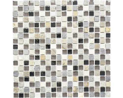Glasmosaik mit Naturstein XCM M980 30,0x30,0 cm grau schwarz mix Mosaikfliese mit quadratischem Muster aus Glas und Stein