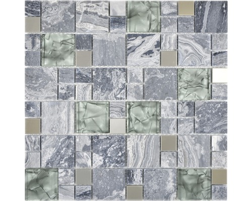 Glasmosaik mit Naturstein XCM MC609 30,0x30,0 cm grau Mosaikfliese mit Steinoptik und Glaselementen