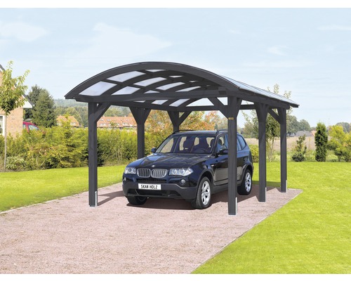 Einzelcarport SKAN HOLZ Bogendach 376x541 cm schiefergrau Ein Auto unter einem offenen Carport mit Holzbalken und lichtdurchlässigem Dach.