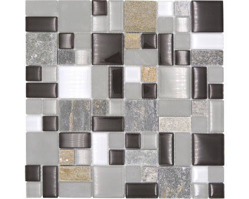 Glasmosaik mit Naturstein XCM MC619 30,0x30,0 cm grau braun mix Mosaikfliese mit Glas- und Steinelementen