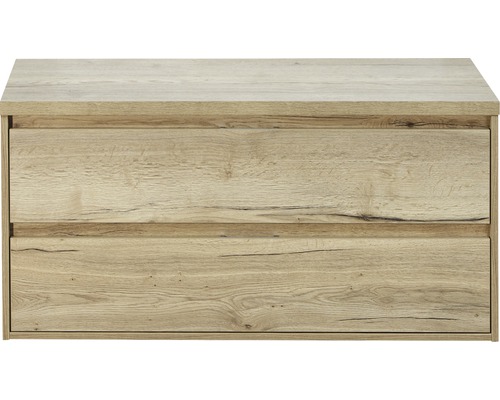 Waschbeckenunterschrank Sanox Porto 59x120x50 cm mit Waschtischplatte Eiche natur Holzfarbener Waschtischunterschrank mit zwei Schubladen