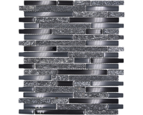 Glasmosaik mit Naturstein XCM MV798 29,8x33,8 cm grau schwarz mix Mosaikmatte mit Steindekor und länglichen, glänzenden Elementen