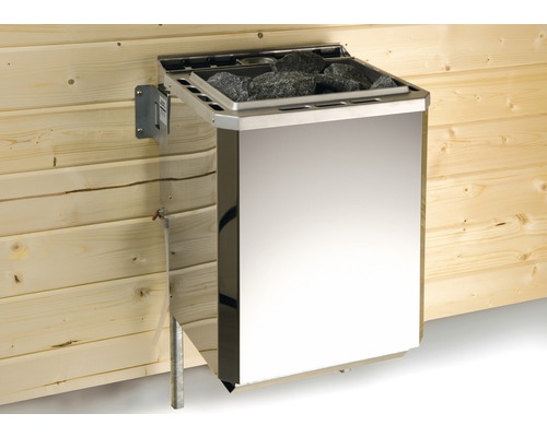 Biosaunaofen-Set Weka BioS 9,0 kW mit digitaler Kombi-Steuerung Saunaofen zur Wandmontage mit Saunasteinen an einer Holzwand