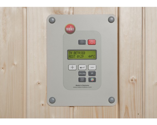 Saunaofen-Set Weka OS 9 kW mit digitaler Kombi-Steuerung Weka Logo. Saunabedienfeld an einer Holzwand.
