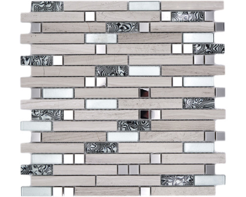 Glasmosaik mit Naturstein XCM MV818 30,0x30,0 cm beige Mosaikfliese mit Glas-, Stein- und Metallelementen