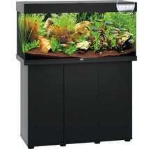 Komplettes Aquarium mit Unterschrank, Pflanzen, Fischen und Beleuchtung.