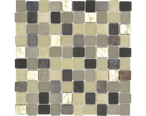 Glasmosaik mit Naturstein XCM R09 27,3x27,3 cm weiß grau Mosaikfliese mit quadratischen Elementen in verschiedenen Materialien
