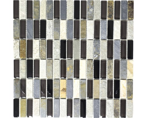Glasmosaik mit Naturstein XCM SM08 30,0x30,0 cm schwarz grau Mosaikfliese mit rechteckigen Steinen aus Glas und Stein