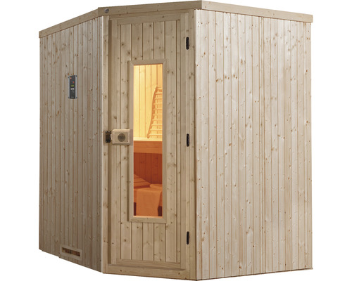 Holzsauna mit Steuerungselement und Glastür
