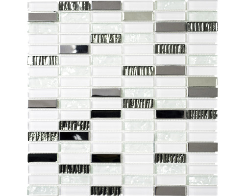Glasmosaik mit Metall XCM SM28 30,0x30,0 cm weiß mix Mosaikfliese mit Glas- und Metallelementen