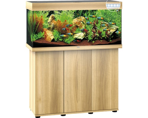 Aquarium mit Unterschrank, ausgestattet mit Pflanzen, Steinen und Fischen