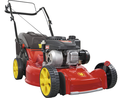 Roter Rasenmäher mit gelben Rädern