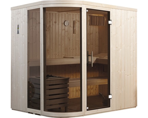 Holzsauna mit Glastür und Inneneinrichtung
