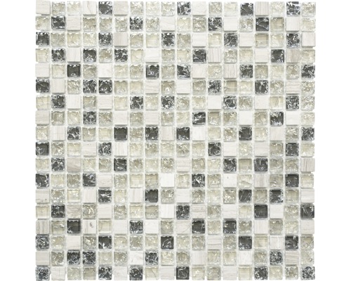 Glasmosaik mit Naturstein XIC 1052 30,5x30,5 cm grau grün Mosaikfliese mit quadratischen, gemischten Glas- und Steinelementen
