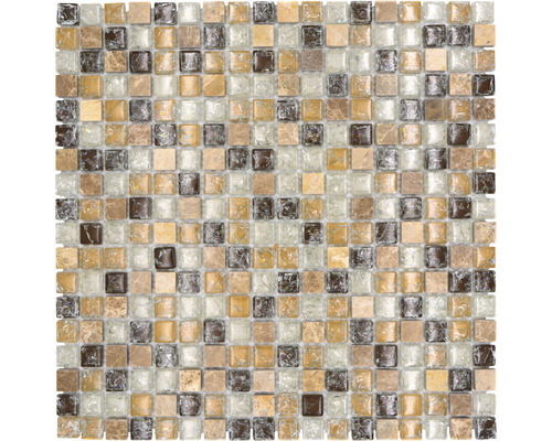 Glasmosaik mit Naturstein XIC 1053 30,5x30,5 cm beige braun Mosaikfliese mit quadratischen Elementen