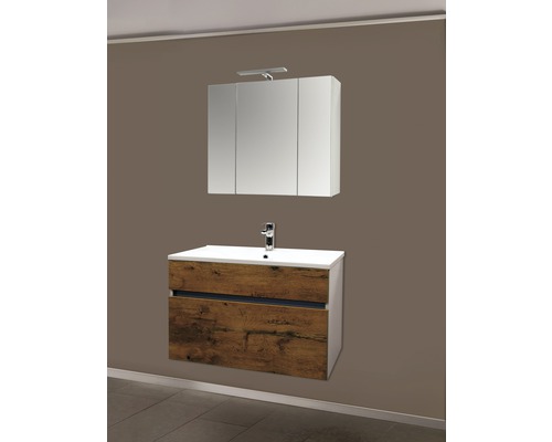 Badezimmer mit Waschtischunterschrank, Waschbecken und Spiegelschrank
