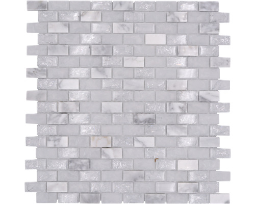 Glasmosaik mit Naturstein Brick XICB1111 30,0x28,5 cm weiß Mosaikfliese aus Marmor und Glas