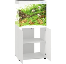 Aquariumkombination mit Unterschrank, ausgestattet mit Pflanzen, Fischen und Dekorationen. Der Unterschrank hat zwei offene Fächer.