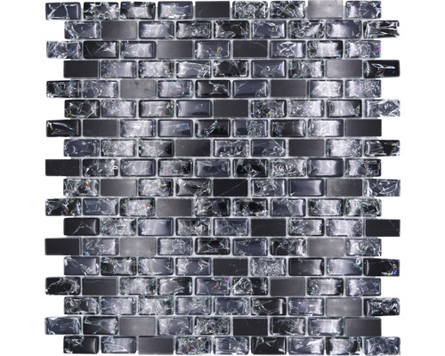 Glasmosaik mit Naturstein Brick XICB1128 30,0x28,5 cm schwarz Mosaikfliese mit rechteckigen Glas- und Metallelementen