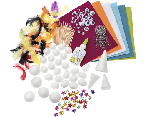 Bastelset mit Federn, Filz, Augen, Klebstoff, Perlen, Holzstäben, Styroporkugeln und Blumen
