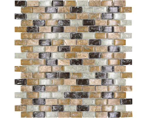 Glasmosaik mit Naturstein Brick XICB1153 30,0x28,5 cm beige braun Mosaikfliese aus Glas und Naturstein