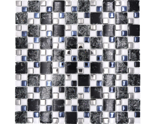 Glasmosaik Crystal XIC K1499 33,8x33,8 cm schwarz silber Mosaikfliese mit quadratischen Elementen in unterschiedlichen Größen und Oberflächen