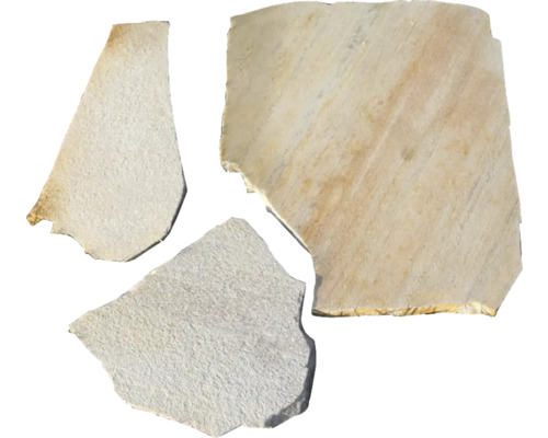 Quarzit Polygonalplatte Rio Dorado gelb 1,2 cm - 2,5 cm stark Drei unregelmäßig geformte Natursteinplatten
