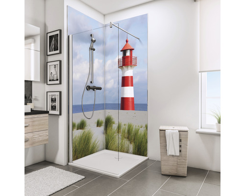 Duschrückwand Schulte Decodesign Eck 900x2100x3 mm Foto Leuchtturm Badezimmer mit Duschkabine, Leuchtturm-Motiv, Duscharmatur und Ablage
