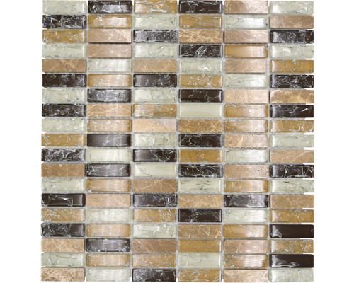 Glasmosaik mit Naturstein XIC S1253 32,2x31,0 cm beige braun Mosaikfliese mit rechteckigen Elementen