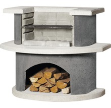 Grillkamin aus Stein mit Holzlagerfach und Grillrost