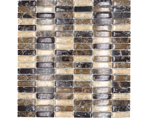 Glasmosaik mit Naturstein XIC S1255 32,2x31,0 cm braun beige Mosaikfliese mit rechteckigen Elementen