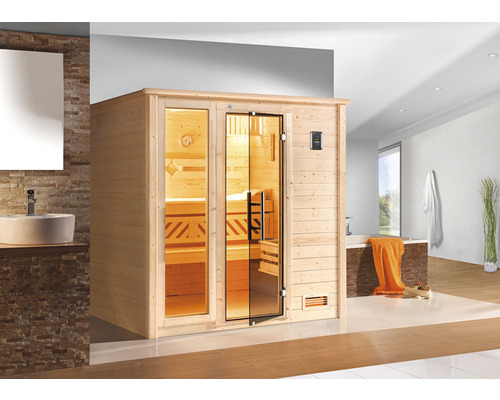 Massivholzsauna Weka Bergen 2 inkl. 7,5 kW Ofen u.digitaler Steuerung mit Fenster und graphitfarbiger Ganzglastüre