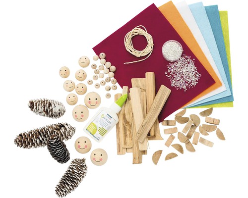 Bastelset mit Filz, Holzperlen, Holzteilen, Zapfen, Klebstoff und Schnur