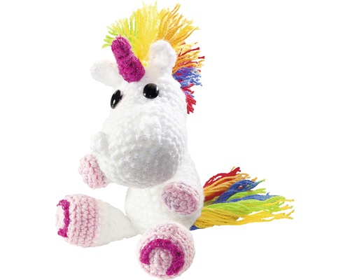 Gehäkeltes Einhorn Stofftier mit bunter Mähne und Schweif