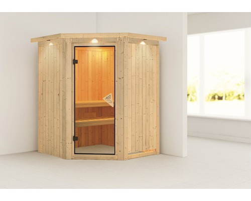 Ecksauna aus Holz mit Glastür und Innenbeleuchtung.