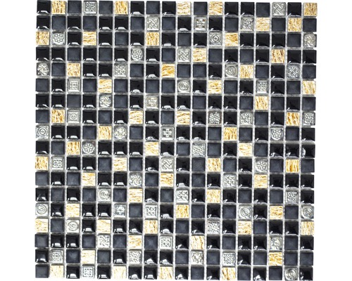 Natursteinmosaik Quadrat XRS S3K 30,0x30,0 cm schwarz kupfer Mosaikfliese mit quadratischen schwarzen, grauen und goldenen Glaselementen